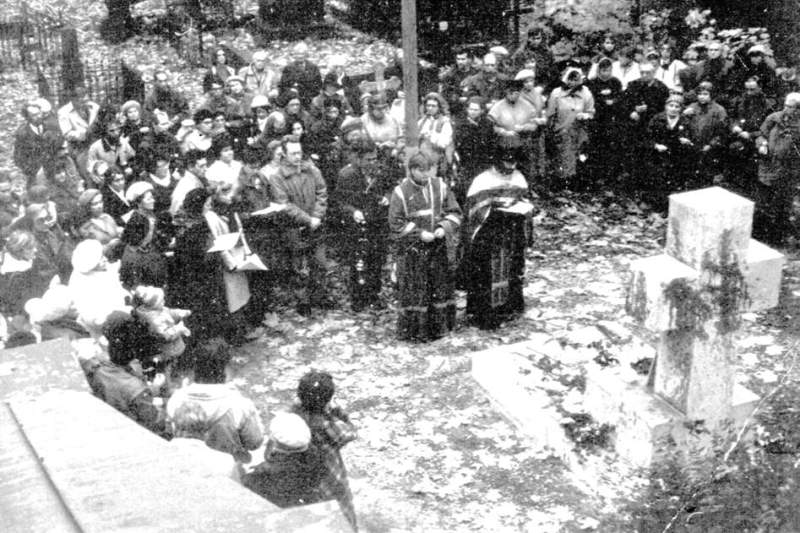 Панихида на могиле Л.Н. Гумилёва на Никольском кладбище (84 Кб)