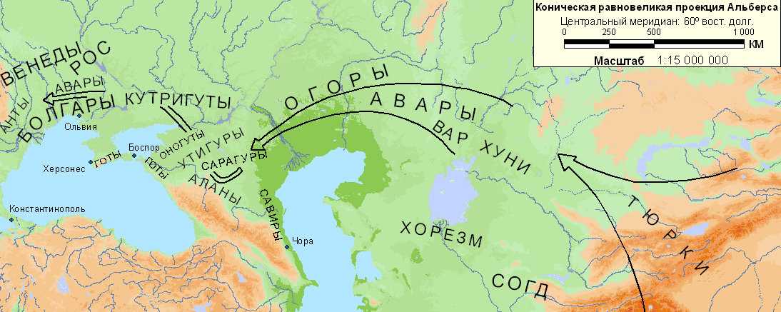 Карта  3. Восточная Европа и Средняя Азия в VI в.