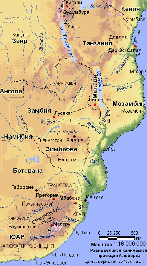 Современная политическая карта районов Африки, которые были затронуты влиянием зулусов (54 631 bytes)